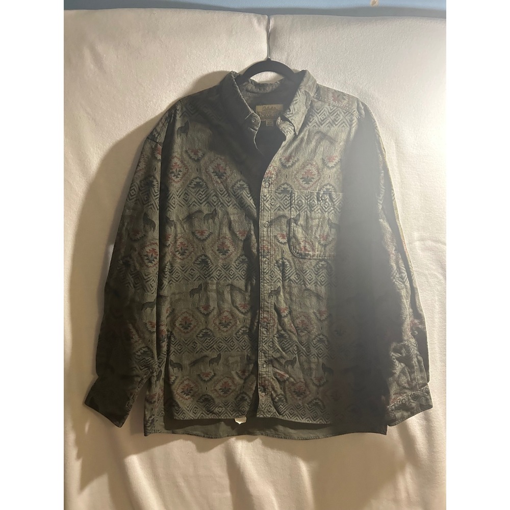 Cabelas Mens XL Tall Deerskin Soft Chamois Shirt Olive Wolf Southwestern Pattern